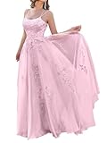 HEIMO Applique Prom Dress for Teens Long Prom Dresses Spaghetti Strap Gowns and Evening Dresses Sleeveless Cocktail Party Dresses for Women Light Pink
