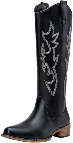 Jeossy Women's Black Western Cowboy Boots Embroided Wide Calf Knee High Cowgirl Boots Round Toe Tall Boots with Inside Zipper Comfortable for Wedding Party Daily Wear Size 7 (DJY9809 black 07)