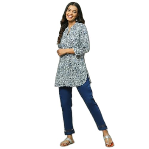 Image of Rangriti Indigo Cotton Blend Slim Pant for Women