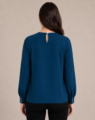 Image of Mirana Women's Full Sleeve Solid Top | Round Neck Pleated Front Regular Fit Office Casual Blouse with Button Cuffs