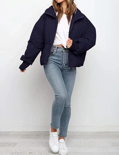 Gihuo Damen Winter Cropped Puffer Jacke Mantel Kurz Warm Steppjacke, Marineblau, S