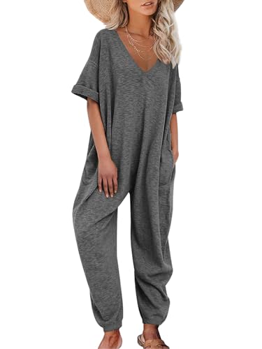 Nirovien Jumpsuits for Women Casual Short Sleeve Jumpsuit V Neck Summer Loose One Piece Outfits (Black Grey,XL)