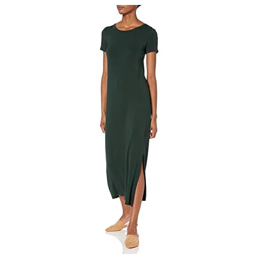 Amazon Brand Daily Ritual Women's Jersey Crewneck Short Sleeve Maxi Dress with Side Slit, Deep Green, Small