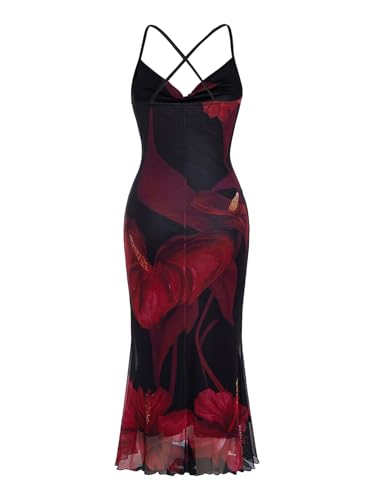 Image of SOLY HUX Women's Floral Mesh Bodycon Cami Dress Cowl Neck Sleeveless Cocktail Party Wedding Guest Long Maxi Dresses