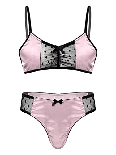 Sxiwei Men Sissy Lingerie Set Satin Pajamas Nightwear Outfit Bra Panties Sets Crossdress Underwear