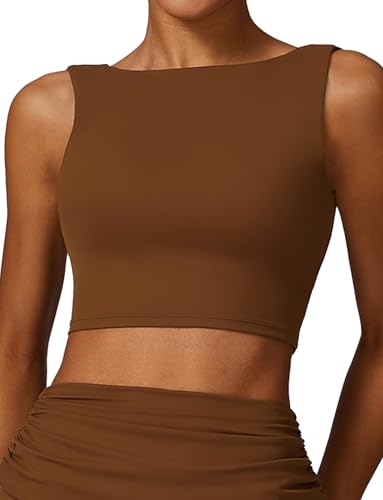 Women's Workout Bra Low Impact Yoga Bra Sexy Open Back Longline Sport Bra Crop Top Cap Sleeve Gym T Shirts with Built in Bra Brown XL