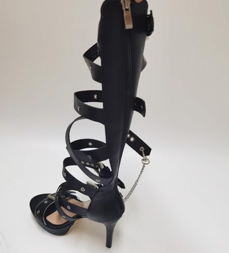 richealnini Knee High Eyelets Belt Strap Buckle Heels Gladiator Sandals with Chain Platform Strappy Stiletto High Heels3