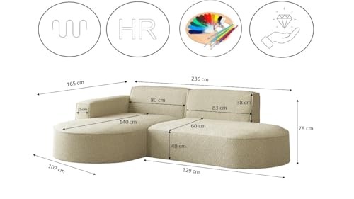 Kaiser Möbel - Ecksofa, Sofa L-Form Designer Modena Studio - Modern Design Couch - Freistehende Sofa Wohnzimmer - Seite Links - Stoff Quelle - Farbe Beige - 165x236x78 cm – Bild 3