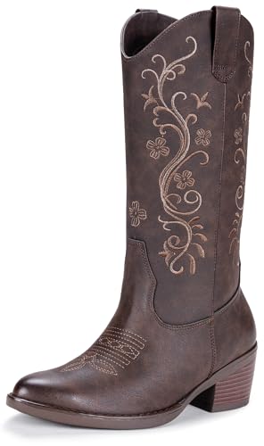 Vepose Women's Cowboy Boots, Embroidered Western Mid-Calf 9802 Cowgirl Boots, Pointed Toe Pull on Boots with Chunky Heel