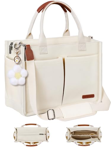 FIORETTO Women's Canvas Tote Bag with Zipper Top, Individual Compartments, Reinforced Bottom, Trolley Sleeve & Adjustable Strap, Doubles as a Crossbody Purse for Work, Travel & Bible, Ivory White M