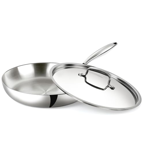 Image of USELUCK 10 Inch Stainless Steel Frying Pan - 3 Ply Stainless Clad Skillet with Lid, Durable and Even Heating, Professional Cookware for Induction, All Stoves Compatiable Oven & Dishwasher Safe
