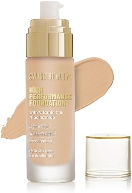 Swiss Beauty High Performance Foundation | Water-Resistant | Medium To Buildable Coverage Liquid Dewy Finish | Lightweight | Easy To Blend | With Vitamin C & Niacinamide | 04 Natural Nude, 55G
