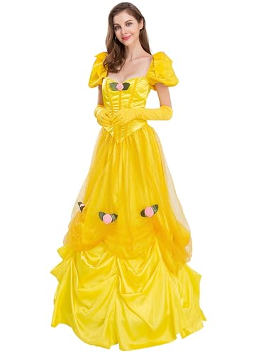 New front Disfraz La Bella Durmiente Princesa Belle Vestido Mujer Adulto Mangas Cortas Costumes con Accesorios Carnaval Halloween Cumpleaños Navidad Ceremonia,Amarillo,M