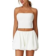 ABOCIW Womens Summer 2 Piece Outfits Y2k Crop Tube Tops Built in Bra Bubble Shorts Workout Sets T...