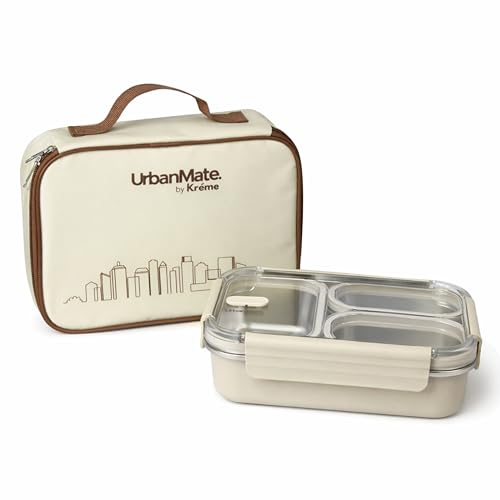 Image of Kreme UrbanMate Bento Lunch Box with Carry Bag 800 ml, 3 Compartment Lunch Box, Stainless Steel, Leak Proof, Spill Proof, Ideal for Adults, Teenagers and Kids, Beige
