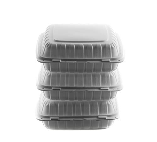 [250 Pack] 9 inch 3 Compartment Clam Shell Take Out Food Container - Mineral Filled Polypropylene, Tree Free - Microwavable, Bidodegradable, Recyclable, Heavy Duty, MFFP (9 inches)