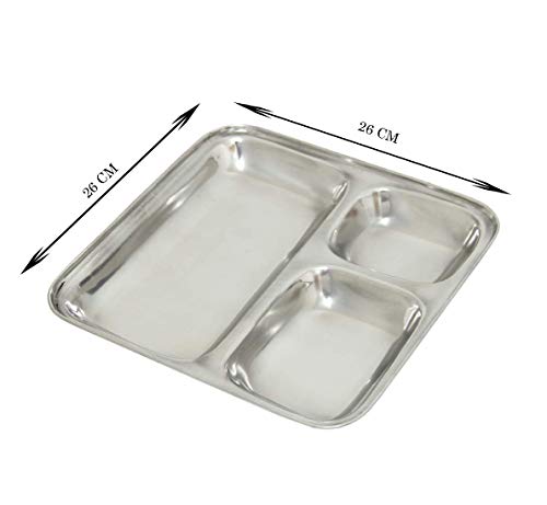 Set Thali In Acciaio Inox 3 Scomparti – 6 Piatti Bhaji Pav Con Katori Profondi – 26 Cm – Igienico E Infrangibile - 6