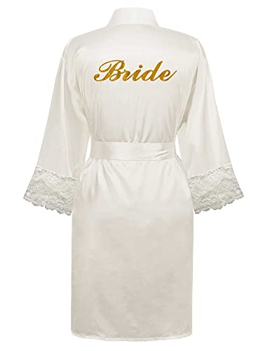 Swhiteme Bridal Robe with Lace Trim, 3/4 Sleeves
