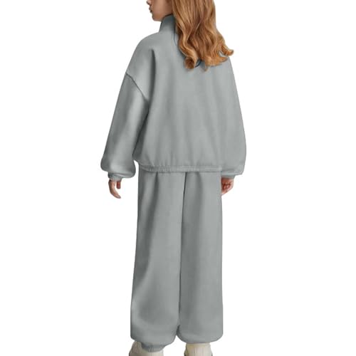 Girls Half Zipper Sweatshirts Set Plain Fleece 2 Piece Baggy Sweatpants Pullover Tops Sweatsuits Teen (Grey, 8-9 Years)2