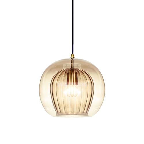 S-Cevada Stunning Double-Layer Glass Ball Pendant Light in Brass Finish, Retro E27 Loft Bar Globe Ceiling Hanging Lamp Indoor Lighting for Bedroom Dining Room (Amber, 7.9'