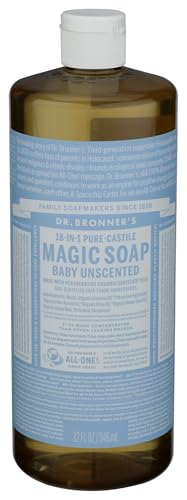 Dr. Bronner's - Pure-Castile Liquid Soap (Baby Unscented, 32 Ounce) - Made with Organic Oils, 18-in-1 Uses: Face, Hair, Laundry, Dishes, For Sensitive...