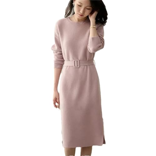 Pohullan Loose Thick O-Neck Women Knitted Dress Belt Sweater Knitwears Long Sleeve Dresses