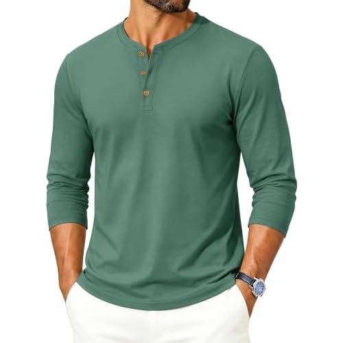 TACVASEN Mens Long Sleeve Shirts 3-Button Solid Color Soft Basic Tshirt Small 05 Grey Green