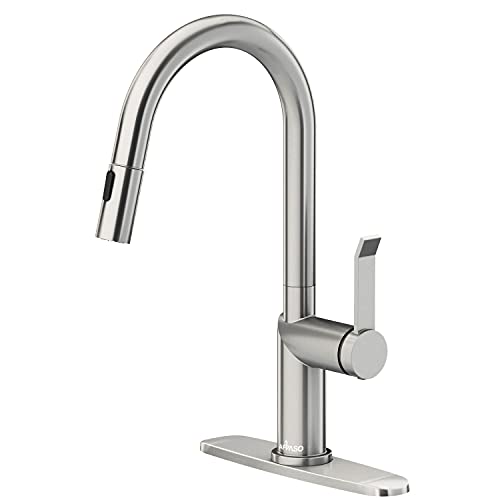 APPASO Kitchen Faucet with Pull Down Sprayer Brushed Nickel, Single-Handle High Arc Swan-Neck Modern Kitchen Sink Faucet with Optional Deck Plate Stainless Steel, 204BN