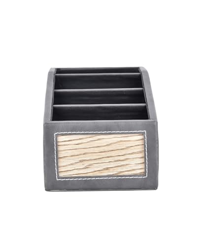 Image of Premsons Classic Remote Holder - 4 Section Tabletop Organizer in Light Brown | Faux Leather with Refined Wooden Finish | Decorative & Practical Organizer - Grey