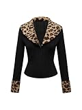 WDIRARA Women's Y2k Leopard Faux Fur Trim Coat Long Sleeve Button Down Knit Outerwear Clubwear Black Small