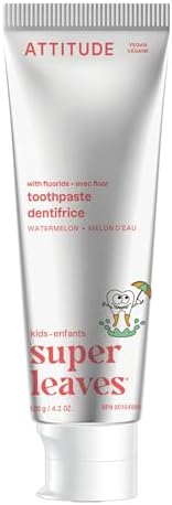 ATTITUDE Kids Natural Toothpaste with Fluoride, Made in Canada, Prevents Tooth Decay and Cavities, Vegan and Sugar-Free, Watermelon, 120 grams