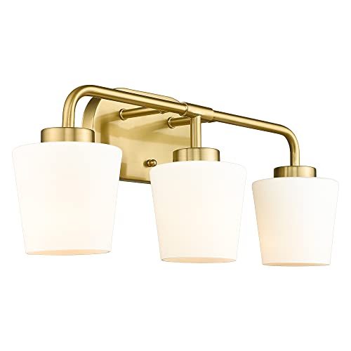 Image of Brushed Gold Bathroom Vanity Light, Farmhouse Brass Sconces Wall Lighting with Milk White Glass, 3-Light Bathroom Light Fixture Over Mirror, AD-22004-3W-GD