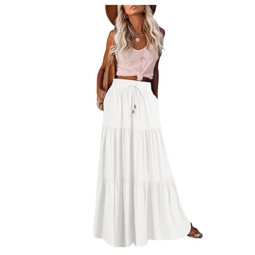 HAEOF Women's Summer Boho Elastic High Waist Maxi Skirt A-Line Flowy Swing Ruffle Tiered Long Beach Skirts with Pockets(White, S)