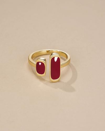 Gold Maroon Burgendy Red Enamel Square Rectagnular Adjustable Statement Open Ring for Women by SNGIA, Dainty Irregular Geometric Summer Beach Unique Stackable Wedding Date Birthday Gift, Bohemian Irregular Trendy Navy Jewelry, Textured Patterned Fashion Accessories, Vintage Circular Nickle Free Gifts.3