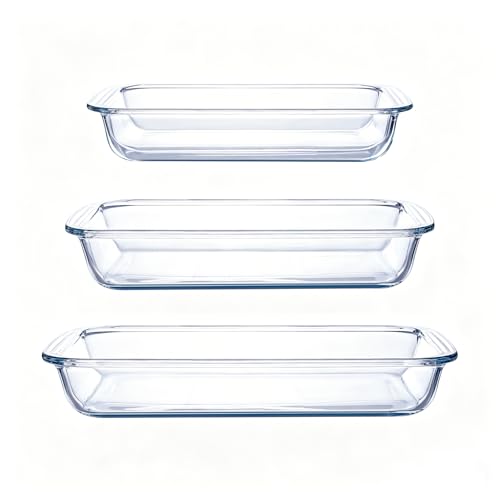 High Borosilicate Glass Baking Tray 3-Piece Set, 2.3 Quarts+1.6 Quarts+1.0 Quarts Rectangular Glass Baking Dish Container for Microwave and Oven, Suitable for Cooking, Baking Bread, Cakes and Meals