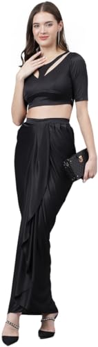 Image of Women's Modern Traditional Pre-Stitched Satin Saree with Modern Crop Top Blouse - Elegant Black Draped Sari for Parties and Special Occasions