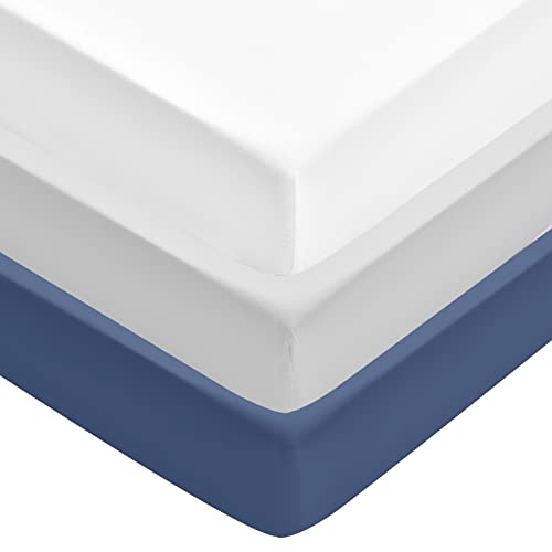 Image of David's Kids 3 Pack Fitted Crib Sheets, Ultra Soft Comfy Breathable Baby Sheets for Boys Girls Neutral, 28x52 Inch Fits Standard Crib Mattress and Toddler Mattresses, White & Light Grey & Navy Blue