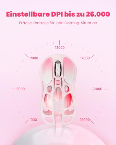 GravaStar GravaStar Mercury M1 Pro Wireless Gaming Maus, Leichtes Magnesium Gaming Mouse, 26.000 DPI, PAW3395DM, 5 Programmierbare Tasten, 2.4GHz/BT/Kabel(Farbverlauf Rosa) - Funktionsansicht 5 | Tages Deals