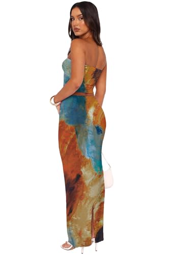 Image of Two Piece Dress Outfits for Women Sleeveless Tube Tops Bodycon Maxi Dress Summer Strapless Crop Top Sexy Suits Set