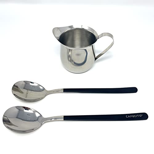 CAFECITO Espresso Creamer Pitcher and 2 Spoon Set | Stainless Steel Bell Creamer 6oz and 2 Spoon Set by Cafecito Espresso Coffee