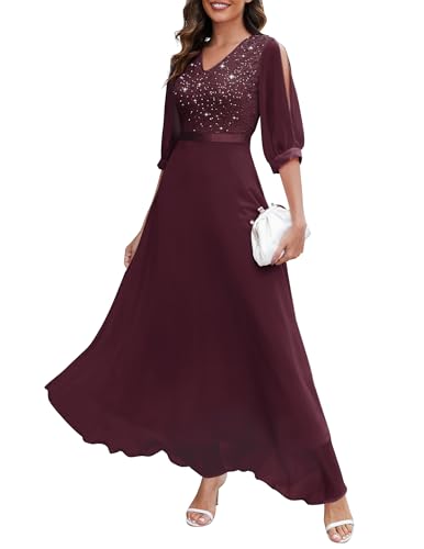 Wedtrend Brautjungfernkleider Lang Abendkleider Lang Cocktailkleid Hochzeitskleider Spitzenkleid Lang mit Chiffon WT0317 Burgundy S