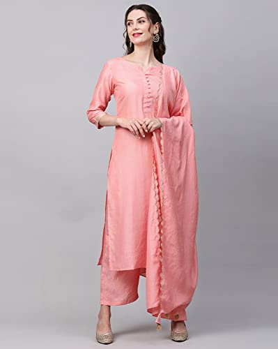 Image of INDO ERA Women's Polyester Solid Straight Kurta Palazzo With Dupatta Set(IE26KH9PK1836)