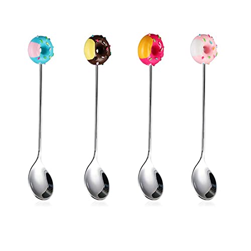 Paquete de 4 cucharas de café con forma de rosquilla de acero inoxidable, mini agitadores de postre para helado, herramientas de cocina multifuncionales