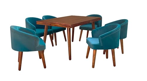 Image of DaneWood Wooden Dining Table 6 Seater | Six Seater Dinning Table with 6 Upholstered Dining Chairs | Dining Room Sets for Restaurants | Sheesham Wood | Honey Finish & Blue Velvet Fabric Chairs