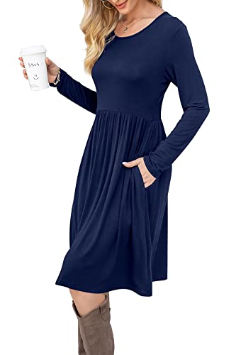 Image of DB MOON Women Casual Long Sleeve Dresses Empire Waist Knee Length Loose Dress with Pockets