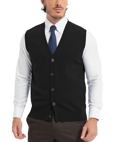 Kallspin Men’s Button Down Sweater Vest Lightweight Knitted Pure Cotton V-Neck Sleeveless Cardigans