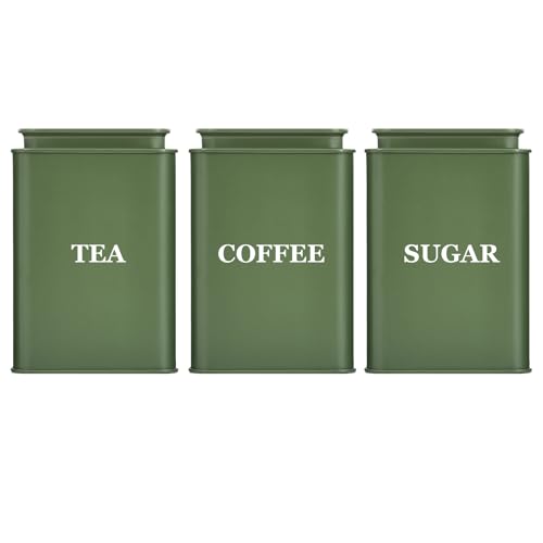 Image of Bayseun Tea Coffee Sugar Canisters, Set of 3 Tea Coffee and Sugar Canisters for Home, Easy Open & Airtight Lids, Decorative Food Caddy, Kitchen Storage Jars, Decorative Stainless Tins (GREEN SQUARE)
