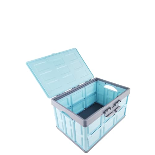 Cajas de almacenamiento plegables con tapa, cajas de almacenamiento de plástico, contenedor apilable, plegable, para ropa, juguetes, libros, aperitivos, zapatos, azul (30 litros) Cover