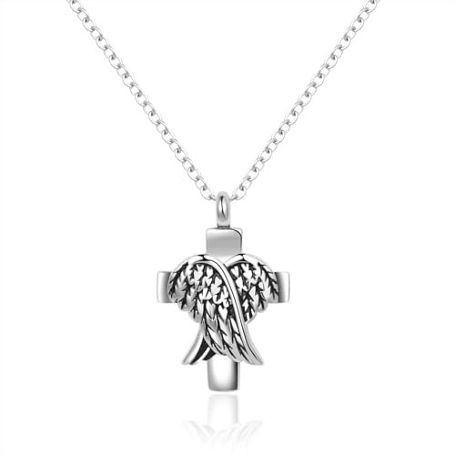 MiiFort Cross Angel Wing Urn Necklaces for Ashes Cremation Jewelry Keepsake for Adult Women Men Human Family Loved One