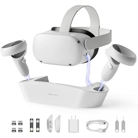GEEKERA Charging Dock for Oculus Quest 2, Magnetic Charging Station for Meta Quest 2 VR Headset & Controllers, VR Accessories with 2 Rechargeable Batteries, USB C Charger, Fast Charging Cover